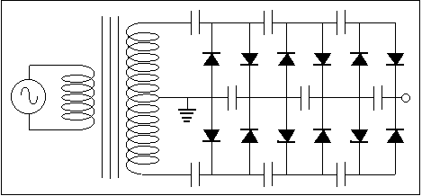 Three stage, full wave, Cockroft-Walton voltage multiplier schematic.
